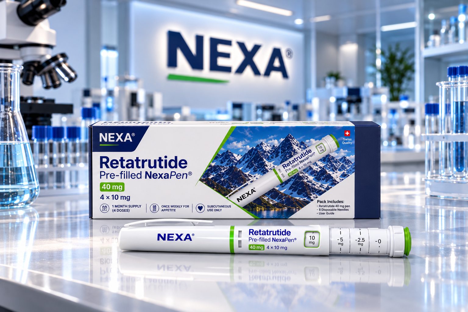 NEXA Retatrutide packaging on a laboratory bench beside a microscope